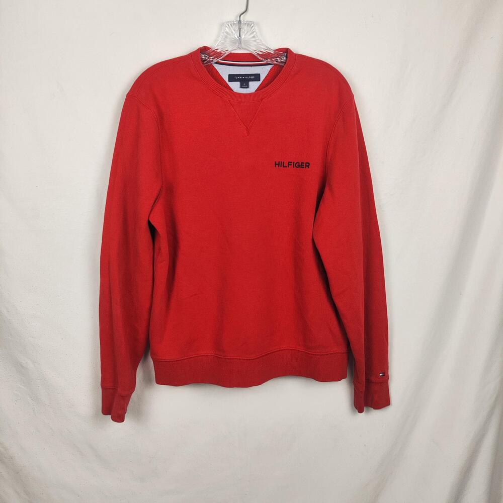 Tommy Hilfiger Sweatshirt Mens Medium Red Crewneck Pullover Fleece Hilfiger Logo